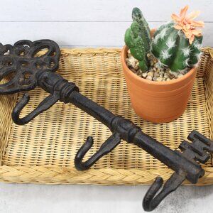 Vintage Cast Iron Skeleton Key Wall Hook - Three Hooks - Rustic Decor